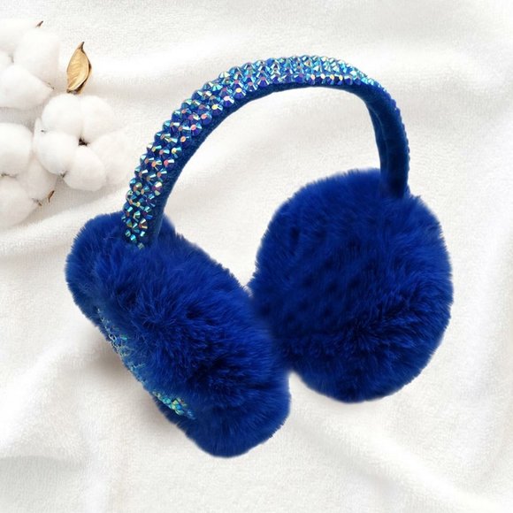 STUDDED FLUFFY PLUSH FAUX FUR FOLDABLE EARMUFFS, COZY EAR WARMER - Picture 5 of 8